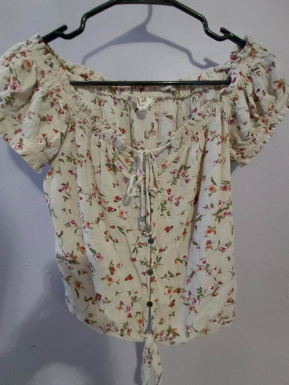 Hippie Rose Floral Off-Shoulder Tie-Front Blouse - Cream with Pink&Orange Floral